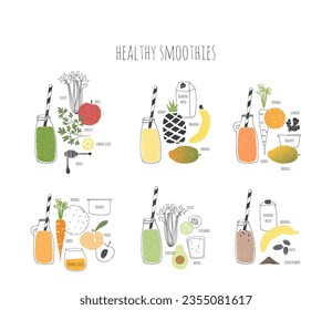 Collection of hand drawn healthy smoothie recipes. Doodle vegetables, fruits and berries. Vitamin cocktail.