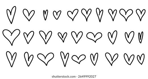 Collection of hand drawn heart doodles in black and white. Cute and playful love icons perfect for romantic cards, social media elements, or creative decoration.