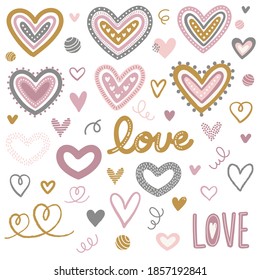 Collection of hand drawn heart elements. Hand drawn heart and love elements in muted pastel colors. Vector design elements for Valentine's Day.
