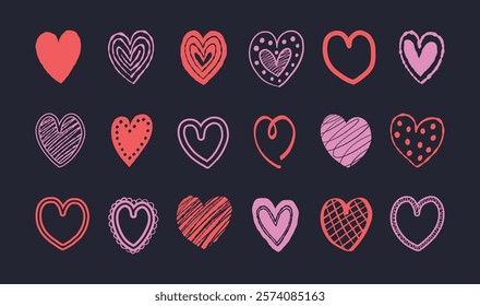 Collection of hand drawn heart icons. Cartoon style elements for Valentine’s Day, Mother’s Day and Women’s Day. Doodle. Vector illustration