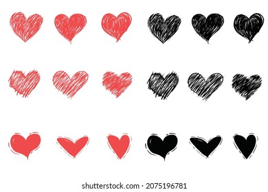 a collection of hand drawn heart illustrations. heart doodles. heart icon. love symbol 2 variants red and black