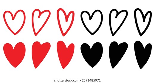 collection of hand drawn heart or love vector illustration on white background