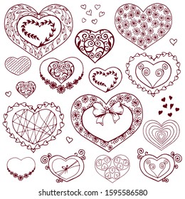 Collection of hand drawn heart shapes for Valentine's Day design. Hand drawn vector illustration isolated on white.