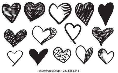 Collection of hand drawn heart shapes in black and white a decorative vector illustration hearts card love romance affection valentine february symbol emotion feeling passion