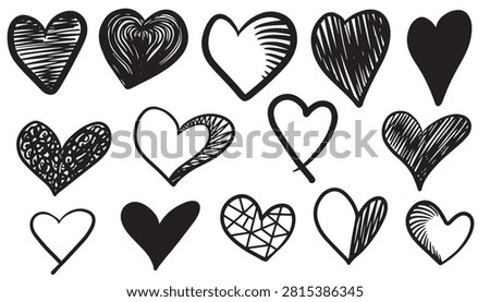 Collection of hand drawn heart shapes in black and white a decorative vector illustration hearts card love romance affection valentine february symbol emotion feeling passion