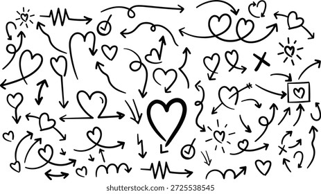 Una colección de corazones y flechas dibujados a mano en negro sobre un fondo blanco