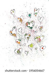 Collection of hand drawn hearts colored with water colors 