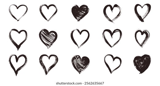 Collection of Hand Drawn Hearts with Grunge Effect. Cute doodle love sign isolated on white background. Scribble heart shapes drawn with markers and chalk