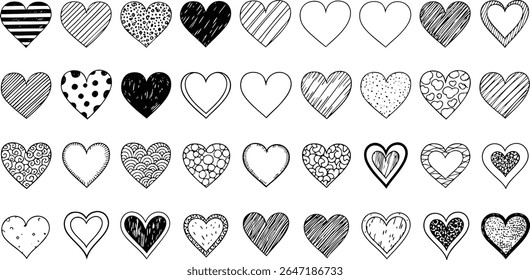 Collection of hand drawn hearts in various styles perfect for valentine's day and romantic designs