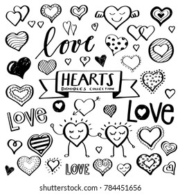 Collection of hand drawn hearts, vector doodles. Can illustrate love, romance, partnership, wedding or engagement topics.