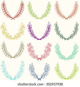 Collection of hand drawn herbs branches frames. Vector graphic design elements in retro style.