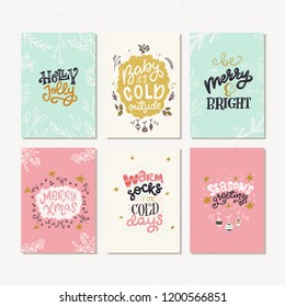 Collection of hand drawn holiday cards or posters. Hand lettering with Christmas saying, quotes and greetings. New Year gift tags made in vector.