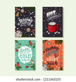 Collection of hand drawn holiday cards or posters. Hand lettering with Christmas saying, quotes and greetings with seasonal winter illustrations. New Year gift tags made in vector.