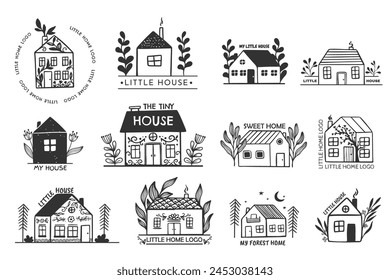 Collection of the hand drawn home, house logos, icons. Cottage vintage style with plants, tiny hand drawn houses. Village buildings, architecture nature elements.