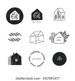 Collection of the hand drawn house and plants icons and logos. Garden, village, farm and house symbols. Vector illustration.