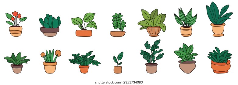 Collection of hand drawn houseplant isolated on background. Outline houseplant incons in doodle style. Vector illustration. 