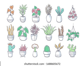 Collection of hand drawn houseplants isolated on white background. Set of decorative indoor and office plants in pot. Vector illustration with a splash of color. Set 2 of 2.