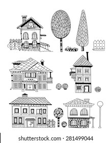 Collection of hand - drawn houses, garden shrubs and trees on background. elements for design.