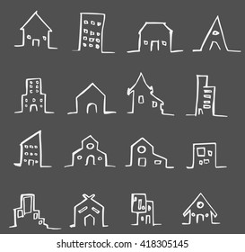 Collection hand drawn houses on chalkboard background.
