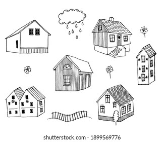 Collection of hand drawn houses, perfect for  logos, icons, gardens and cabins. Vector illustration