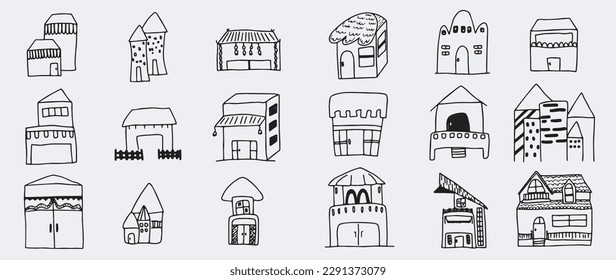 Collection of hand drawn houses, tiny house, perfect for logos, icons, gardens and cabins. Vector illustration