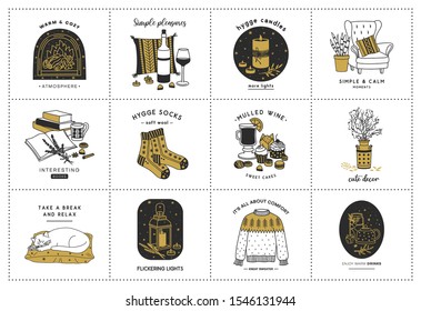 Collection of hand drawn hygge elements. Cute doodle illustrations in scandinavian style. Perfect for greeting card, posters, stickers. Vector illustration.