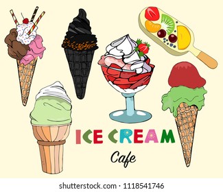 Collection of hand drawn. Ice cream cafe.Various types of delicious ice cream with different fillings. Yellow background. Vector