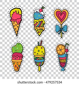 Collection of hand drawn ice-cream, cocktail and candy. Colorful cute stickers, patches, badges  set.