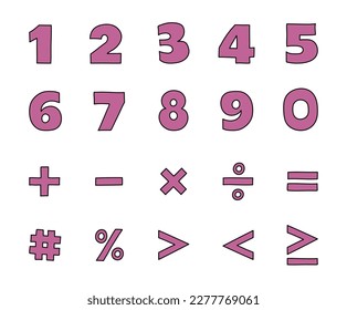 Collection of hand drawn icon set. Latin alphabet numbers from 0 to 9 and mathematical symbols. Cartoon style design for a business presentation. Vector illustration