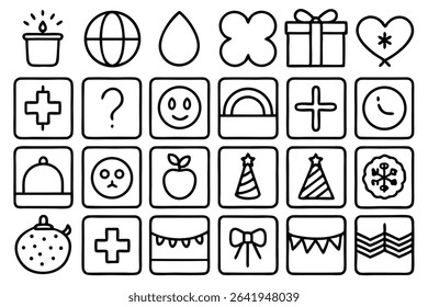 A collection of hand drawn icon set in outlined style featuring various symbols and shapes