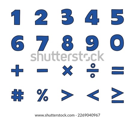 Collection of hand drawn icon set. Latin alphabet numbers from 0 to 9 and mathematical symbols. Cartoon style design for a business presentation. Vector illustration
