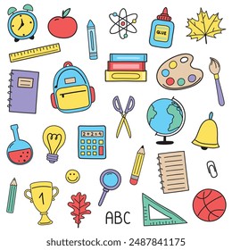 Collection of a hand drawn icons. Back to School stickers design. Vector illustration
