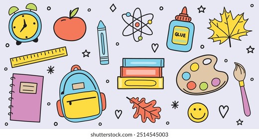 Collection of a hand drawn icons. Back to School stickers design. Vector illustration