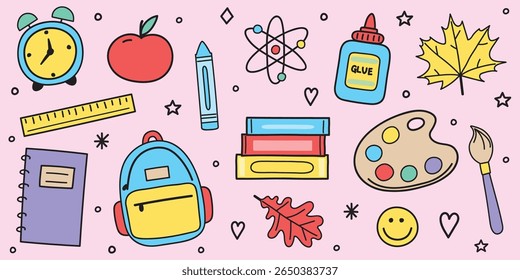 Collection of a hand drawn icons. Back to School stickers design. Vector illustration