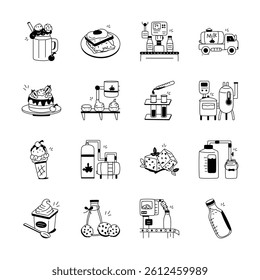 A collection of hand drawn icons depicting various stages of dairy and food production, from raw ingredients to finished products