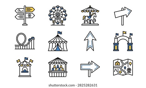 A collection of hand drawn icons featuring amusement park attractions, circus tents, directional signs, and park maps with colorful accents.