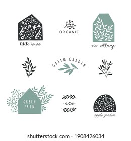 Collection of the hand drawn icons and logos. Garden, village, farm and house symbols. Vector illustration.