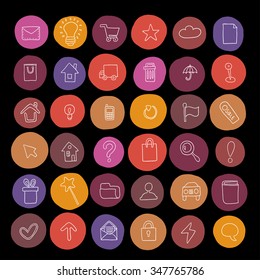 Collection of hand drawn icons on colored circles. Doodle web icon set. 