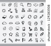 Collection of hand drawn icons representing a diversity of topics including communication, graphs, weather and business sketched in ink on white paper