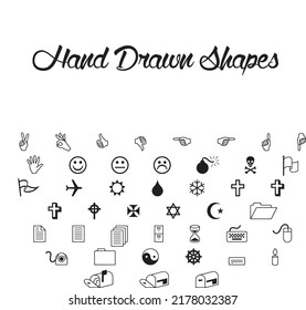 Collection of hand drawn icons representing a diversity of topics including communication, graphs, weather and business sketched in ink on white paper smiles and Hand shapes