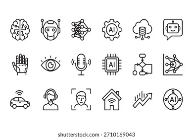 Colección de iconos dibujados a mano que representan conceptos de inteligencia artificial