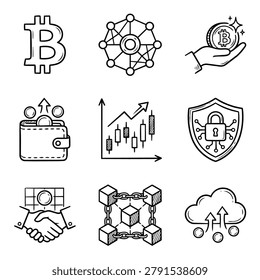 Collection of hand drawn icons representing digital currency blockchain technology and cryptocurrency concepts