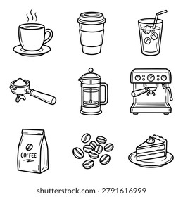 A collection of hand drawn icons representing coffee shop items and drinks