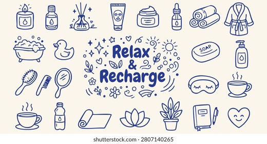 Collection of hand drawn icons representing relaxation spa and personal well-being for wellness branding and lifestyle concepts.