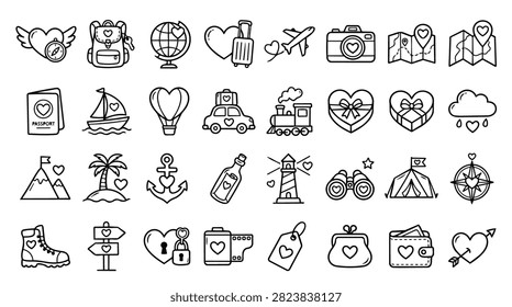 A collection of hand drawn icons representing travel and love, including hearts, airplanes, and maps.