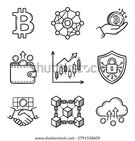 Collection of hand drawn icons representing digital currency blockchain technology and cryptocurrency concepts