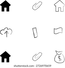 Iconos dibujados a mano de colección. Un conjunto de 9 iconos simples aislados sobre fondo blanco. Casa, efectivo, Clip, etc - Vector de valores.