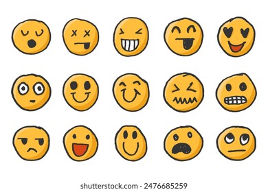 Collection of hand drawn icons, smiley faces. Doodle sketch faces. Cute and comic line art emoticon expressions