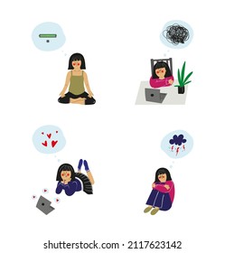 Collection of hand drawn illustrations about a person's emotional states-meditation, love, depression, sadness. Vector illustration.