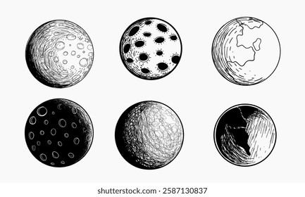 A collection of hand drawn illustrations depicting various celestial bodies including moons and planets.